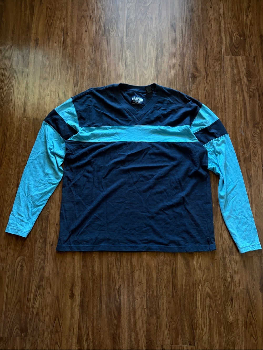 Men's Long Sleeve V-Neck Colorblock Shirt - Navy and Teal Accent